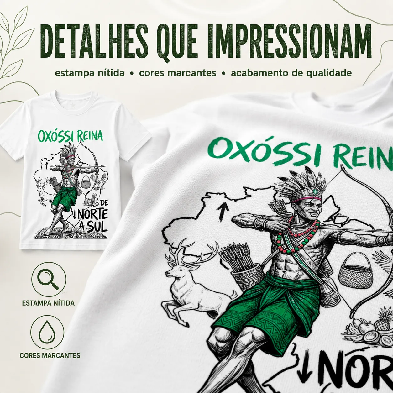 Camiseta Oxóssi Umbanda 100% Algodão Unissex Branca Orixá Religiosa De Norte a Sul 3