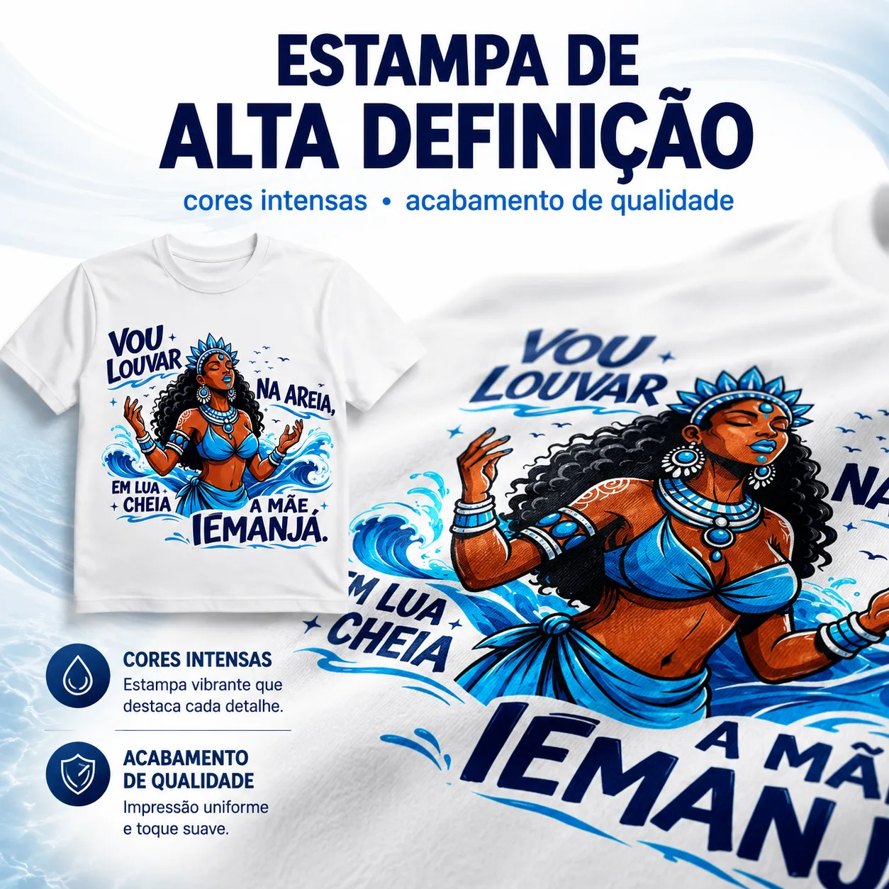 Camiseta Iemanjá Umbanda 100% Algodão Unissex Branca Estampa Religiosa Orixá Vou Louvar na Areia 4