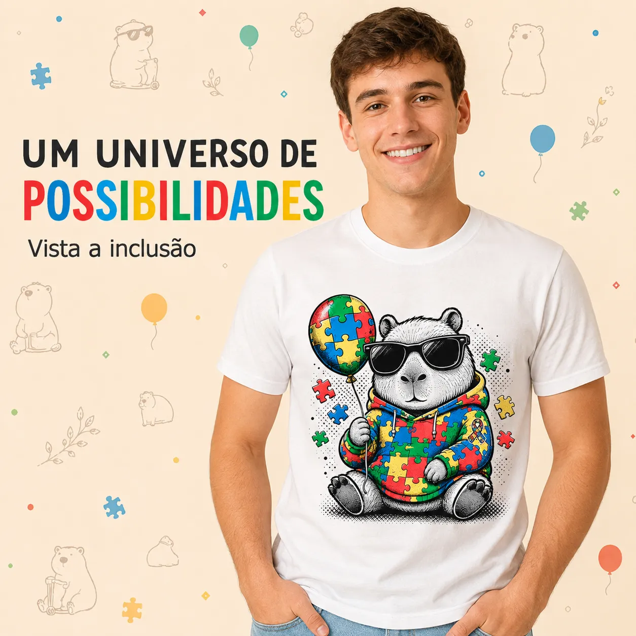 Camiseta Autismo TEA Capivara Vida de Capi Inclusão Branca 100% Algodão Unissex 3